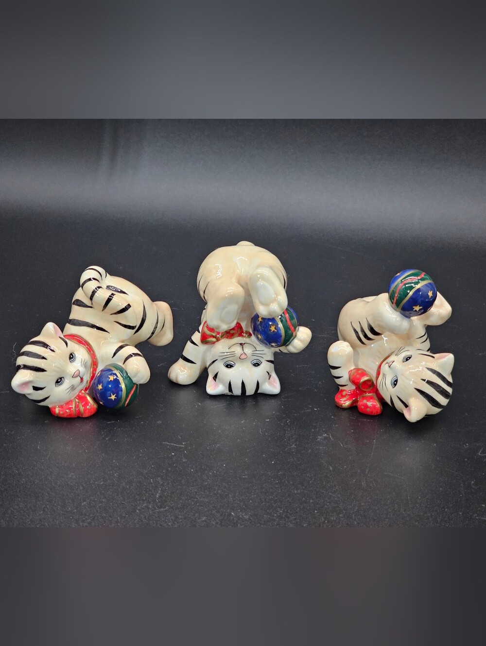 Vintage Ceramic Playful Tabby Kittens Figurine Set of 3 – Cats with Yarn Balls